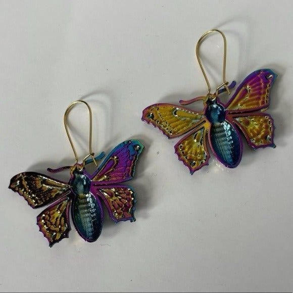 *50% OFF! Iridescent Moth earrings dangle multicolor metal gold moths insect - Picture 2 of 4